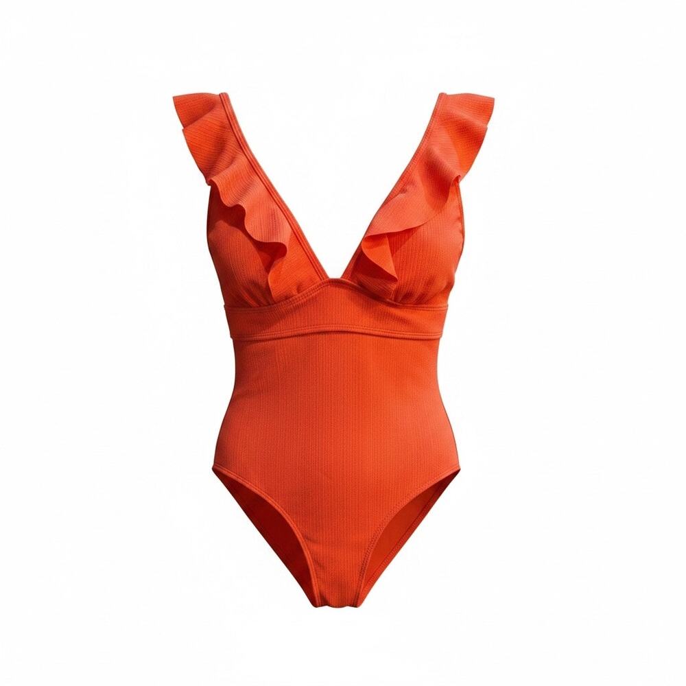 SHEIN Orange Ruffle Sleeve One Piece Swimsuit Women’s XL Ribbed Swimwear